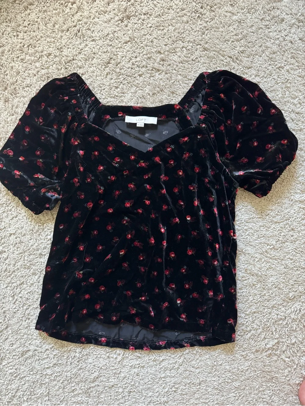 LOFT Black Velvet Puff-Sleeve Blouse with Red Rose Motif